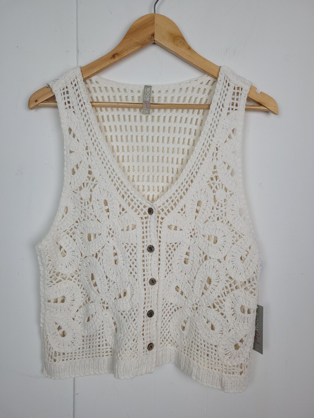 Bloom Girl Large Cream Crochet Knit Button Front Vest